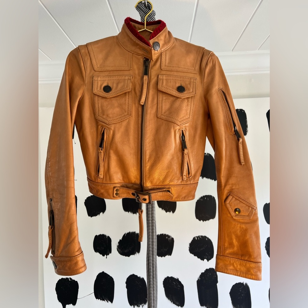 Dsquared 2 Caramel Leather Moto Jacket Size 42